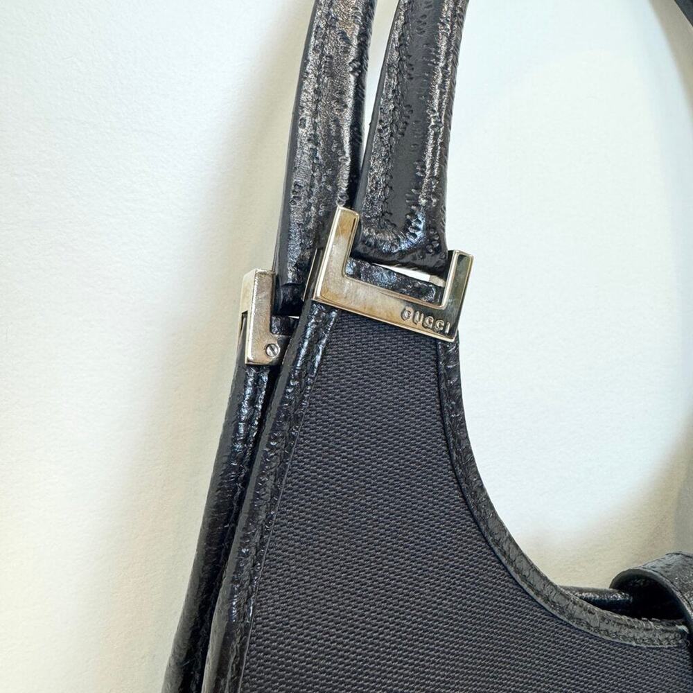 GUCCI Vintage Jackie Bardot Black Canvas Leather Trim Shoulder Bag Silver Hobo - Picture 5 of 10